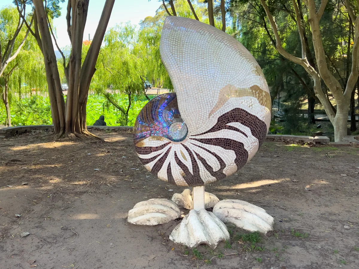 A nautilus sculpture, a shimmering surprise in the gardens.