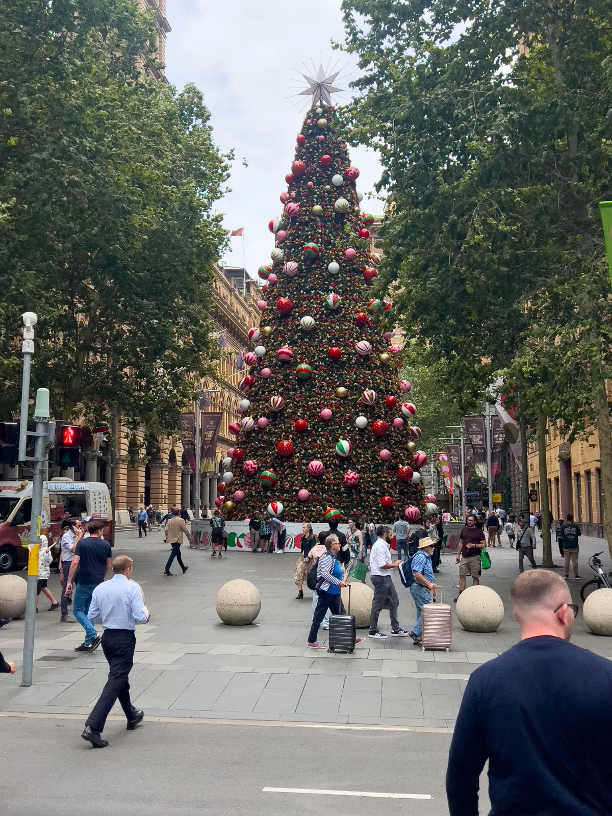A towering Christmas tree adds to the festive atmosphere in Sydney's city centre.
