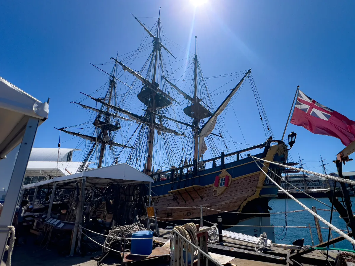 A full-scale replica of a tall ship, docked at Circular Quay.