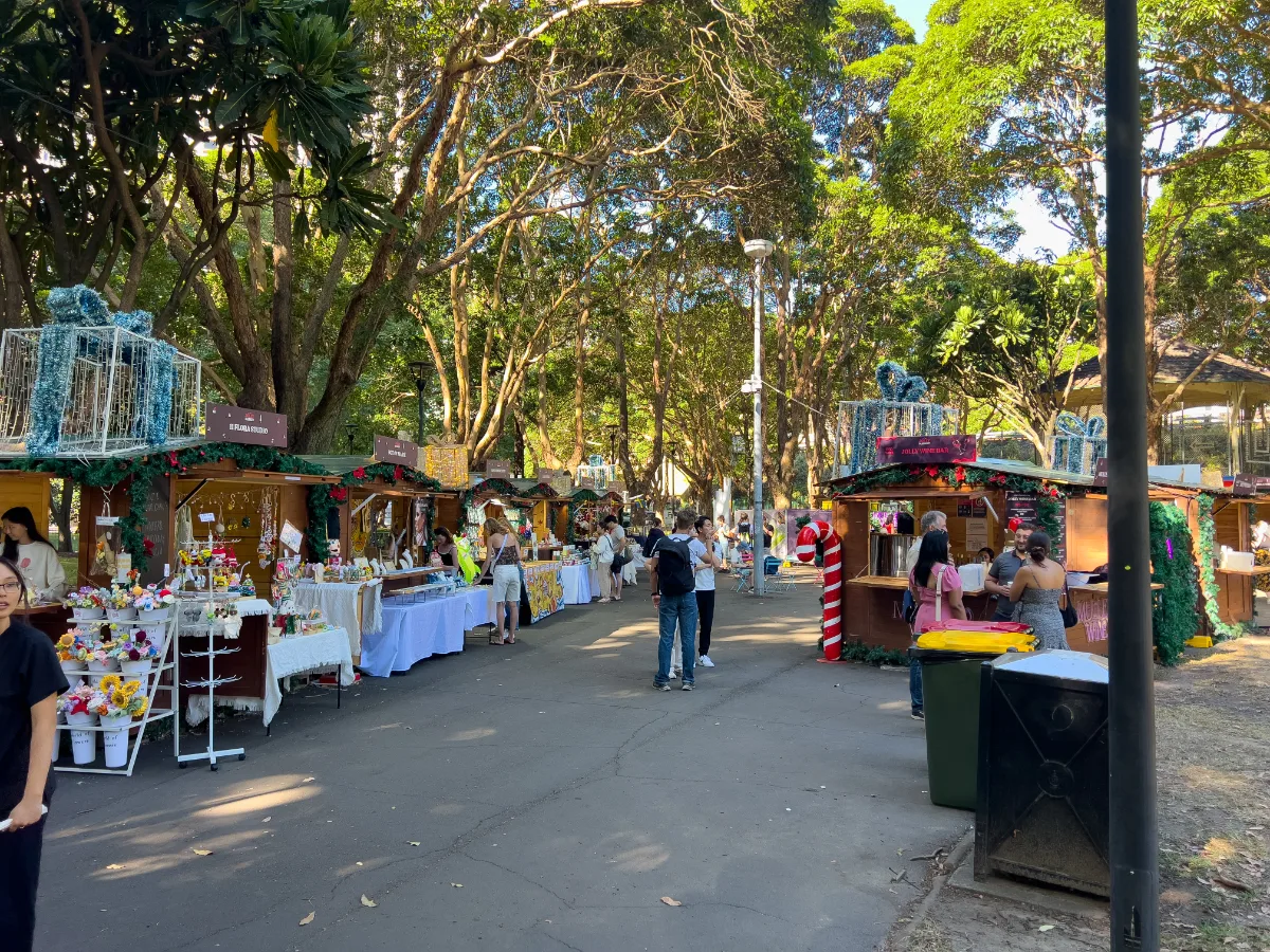 Festive Christmas markets set up in the park near Circular Quay.