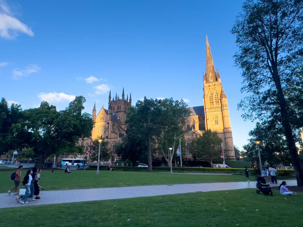 St. Mary's Cathedral bathed in the warm afternoon sun, a testament to Sydney's architectural heritage.