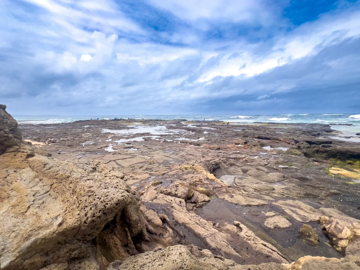 A vast expanse of rock at Moruya Heads creates a unique coastal landscape.
