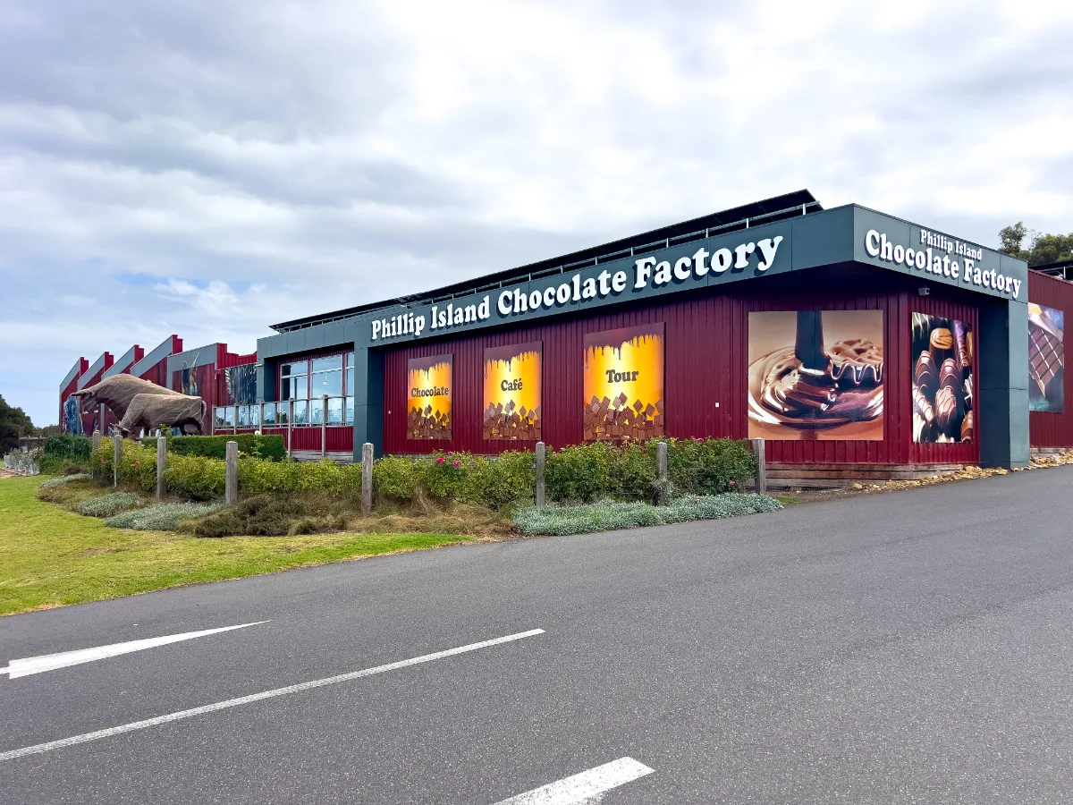 Another view of the chocolate factory, showing the whimsical chocolate statues.