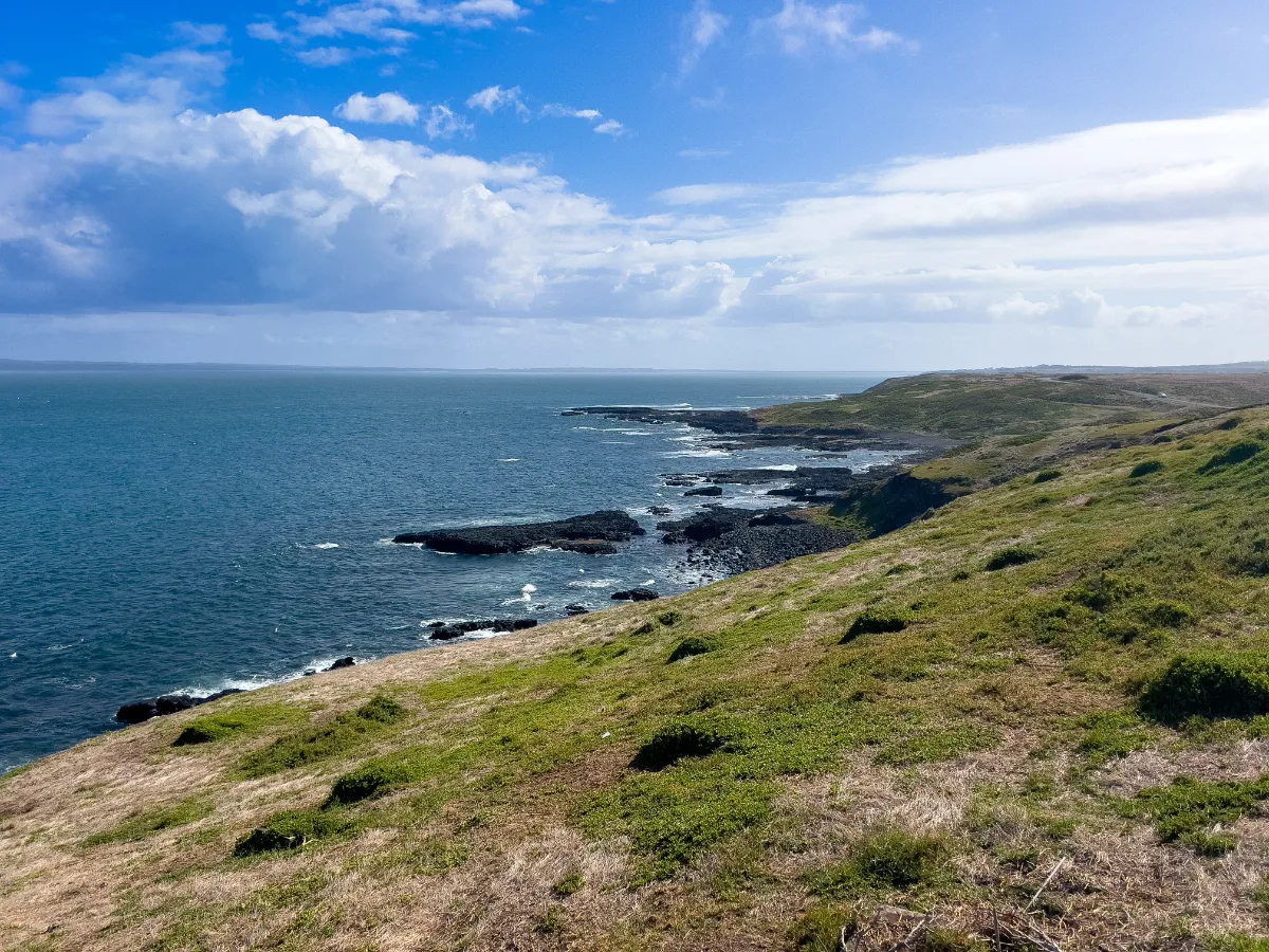 The rugged coastline of Bass Coast, showing the dramatic cliffs and crashing waves.