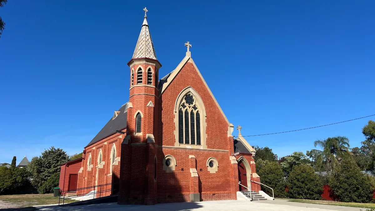 The red brick church in Birregurra, a vibrant example of early ecclesiastical architecture.