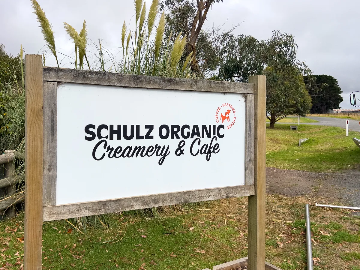 Schulz Organic Creamery & Cafe sign, a promise of creamy delights.