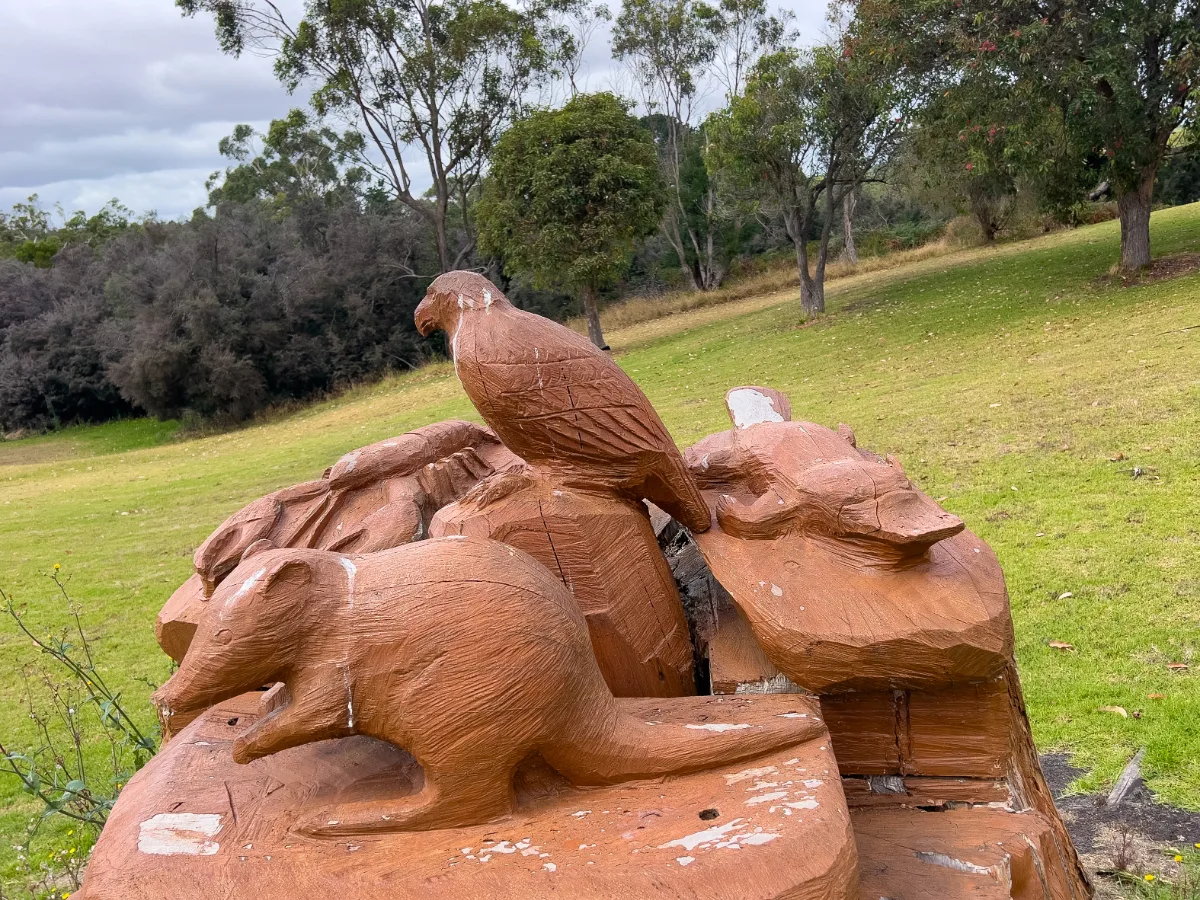 A wooden sculpture depicting an echidna and an eagle, proudly on display.