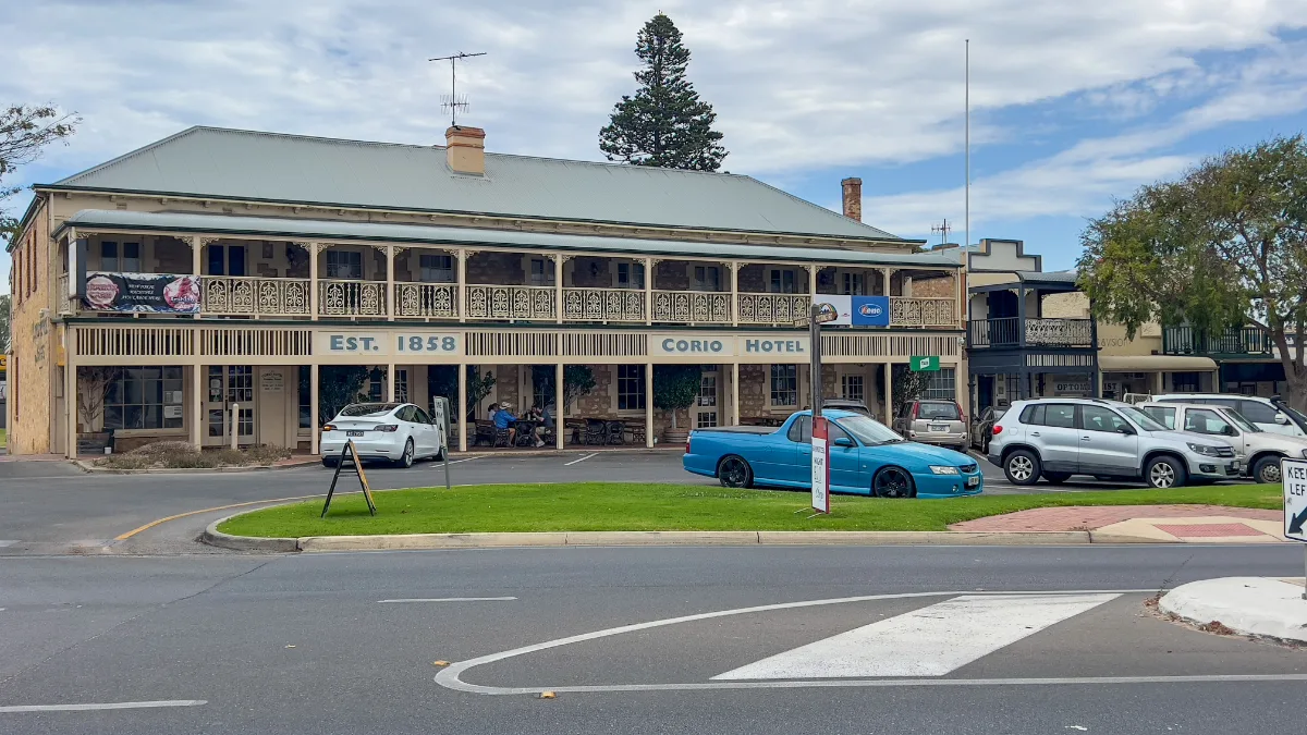 The Corio Hotel, established in 1858, stands proudly as a landmark in Goolwa.