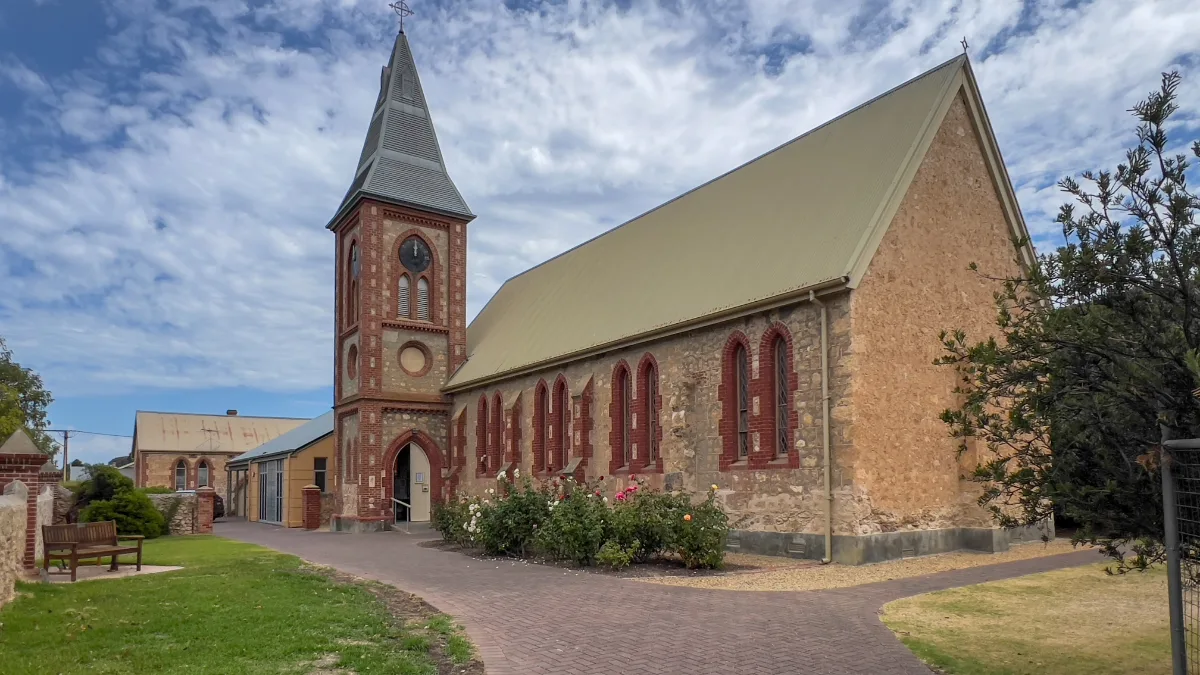 St. Jude's Anglican Church, with its impressive steeple, dominates the Goolwa skyline.