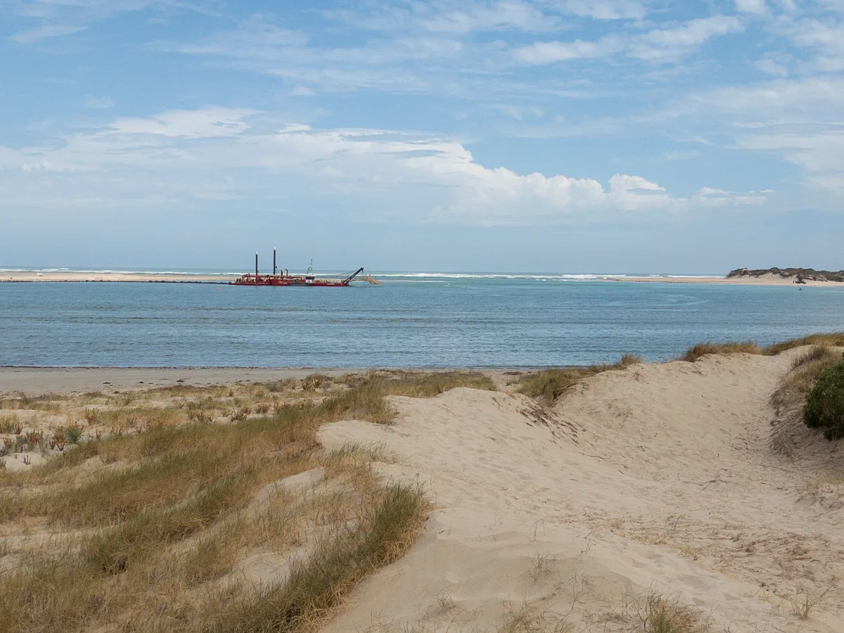 Dredging operations in full swing at the mouth of the Murray River.