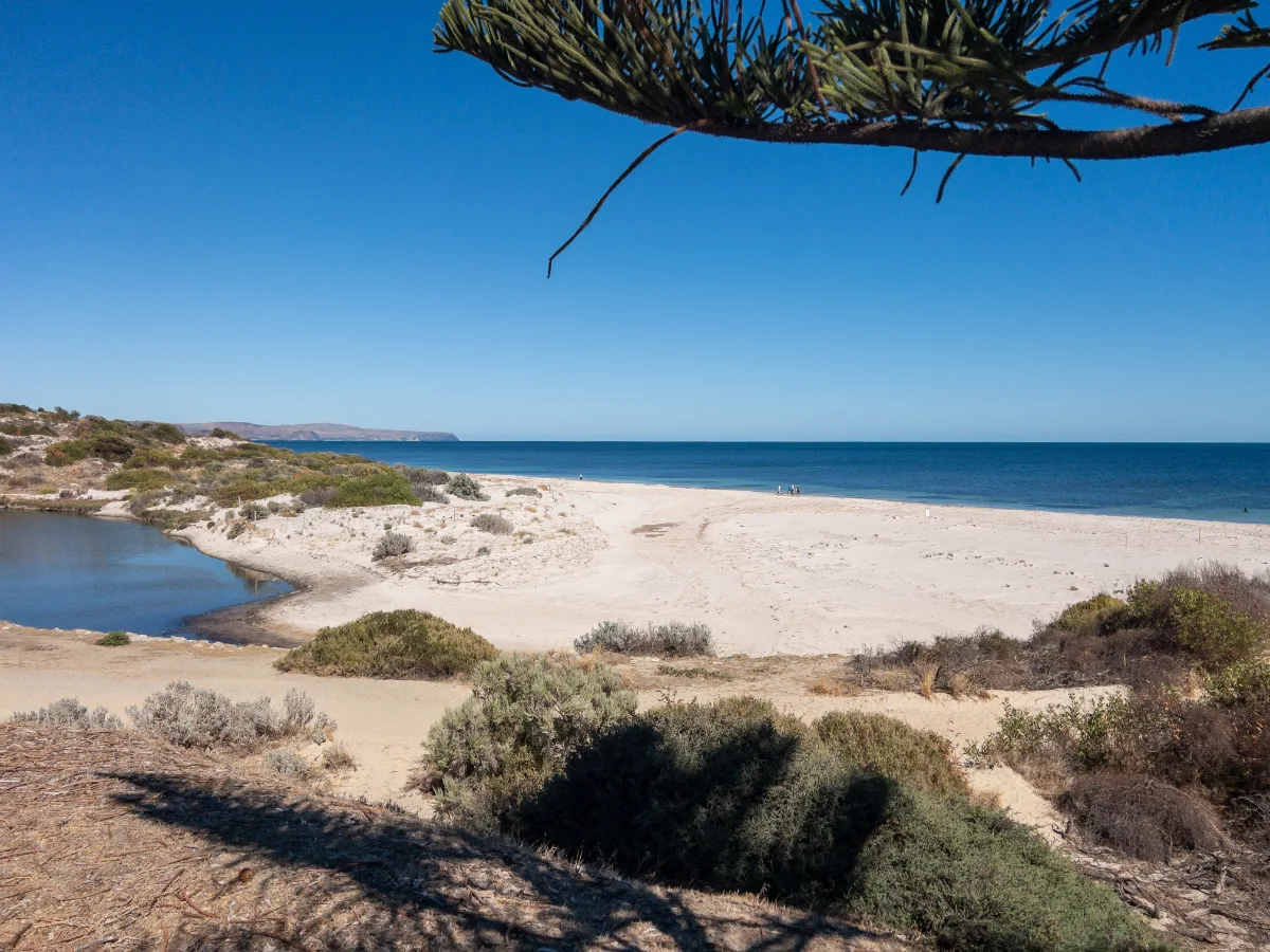 The lagoon meets the ocean at Normanville's pristine beach.