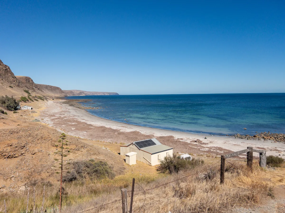 A view of the coastline at Wirrina Cove, South Australia, looking out towards the final resting place of the ex-HMAS Hobart, now an artificial reef.
