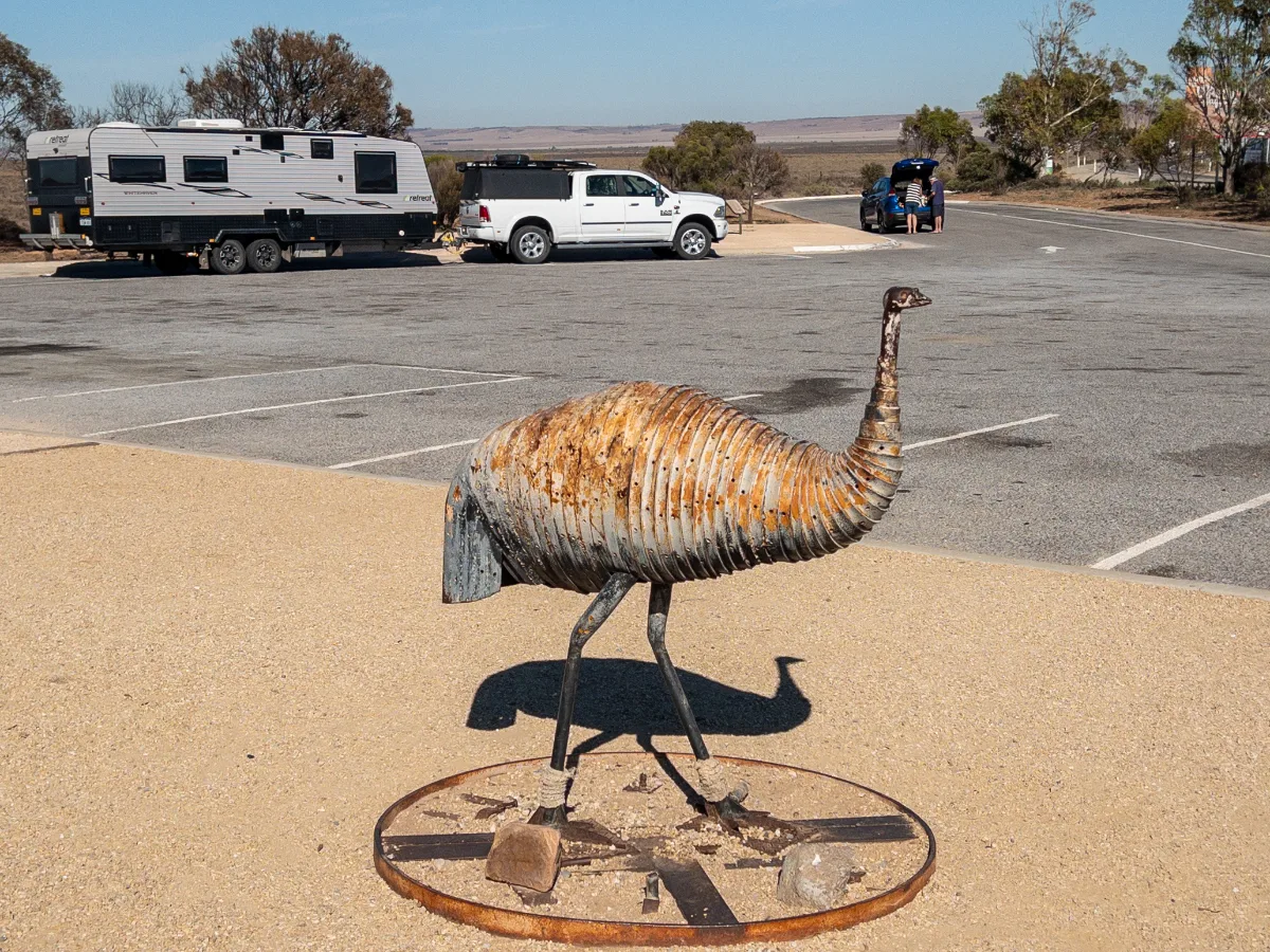Emu Encounter: A scrap metal emu adds a touch of whimsy to the rest area.