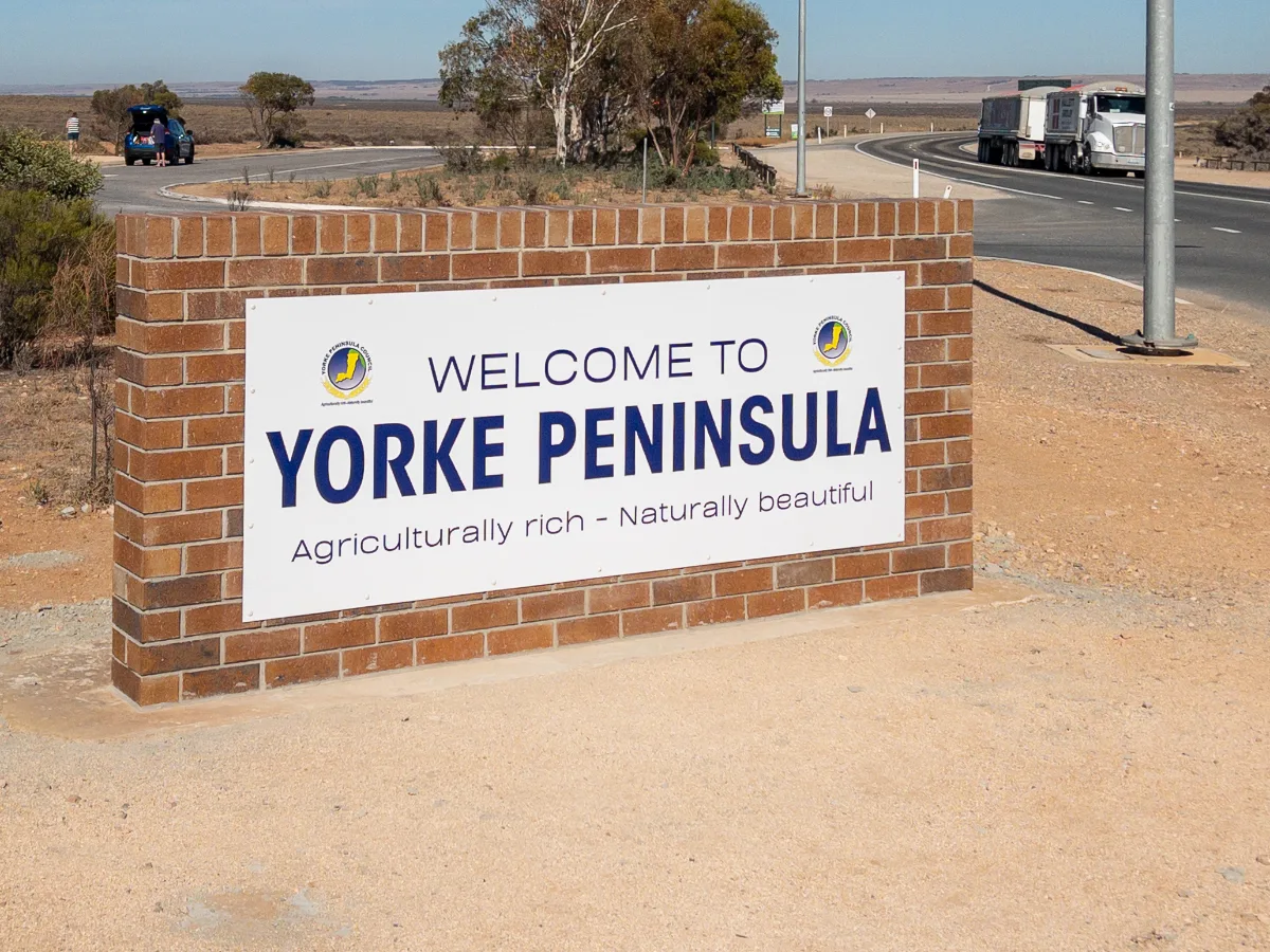 Entering Yorke Peninsula: The sign boasts agricultural richness and natural beauty, a promise we intend to investigate.