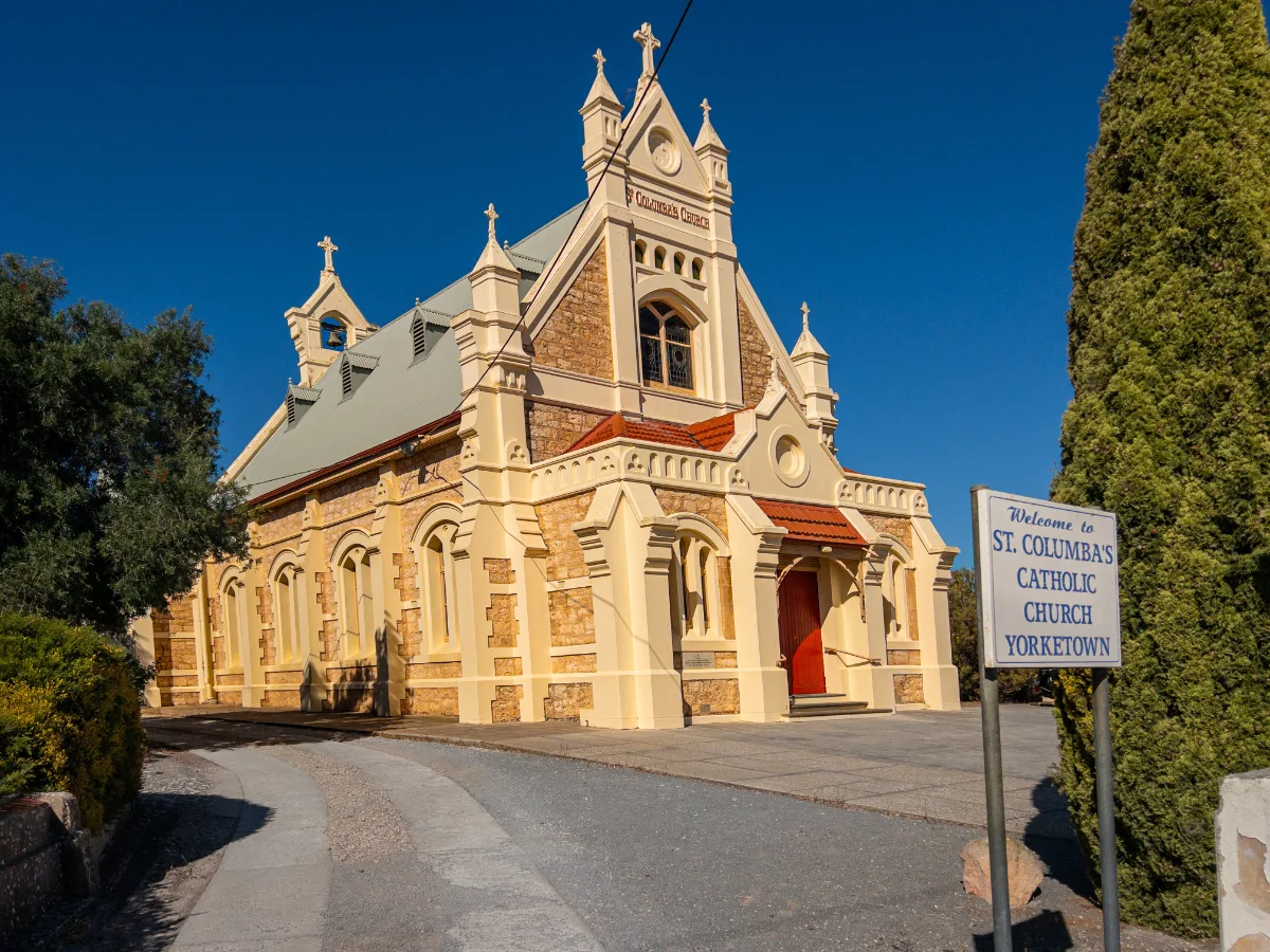 St. Columba's Catholic Church, a striking example of early 20th-century ecclesiastical architecture in Yorketown.