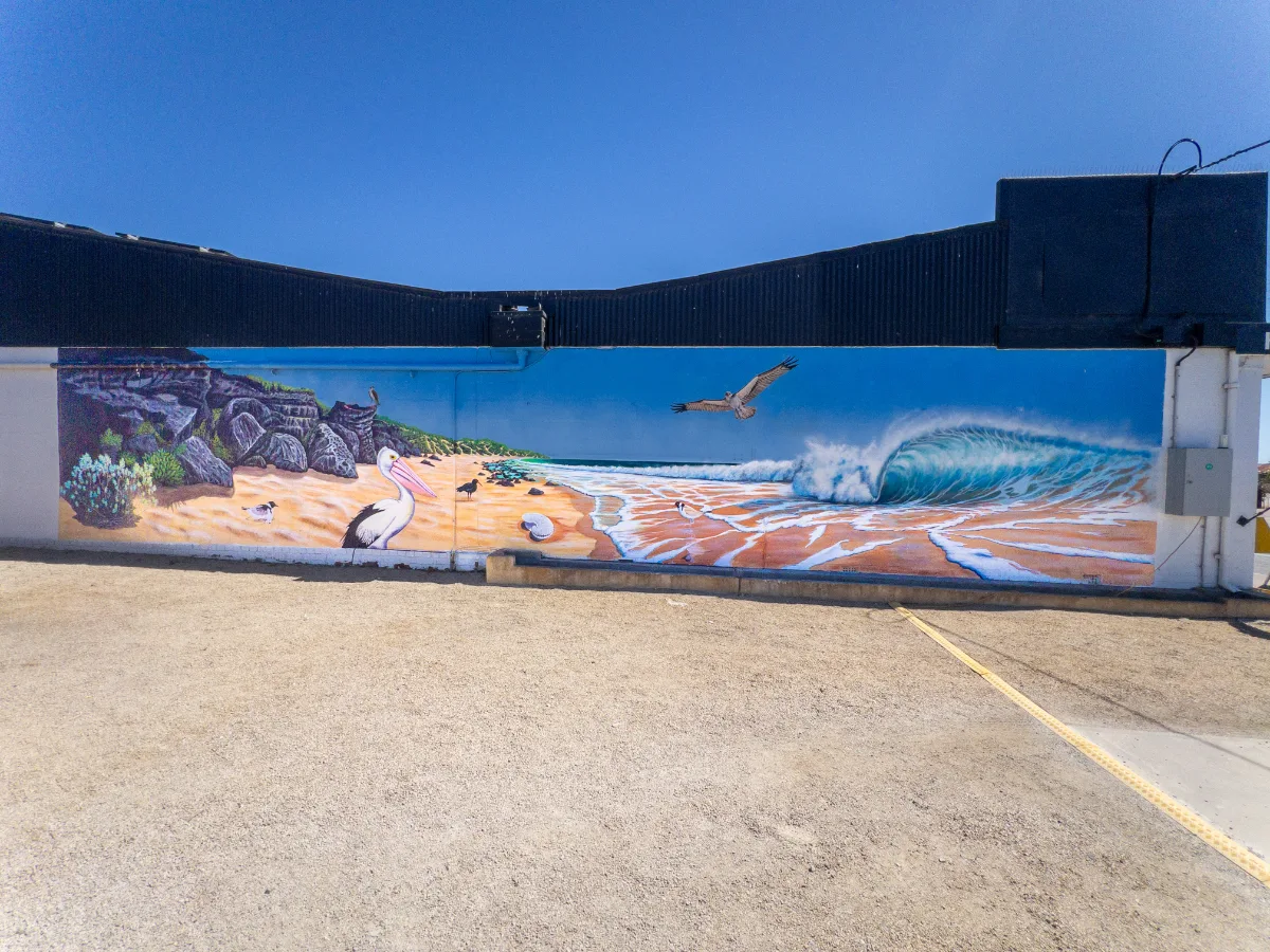 A mural depicting a coastal scene in Warooka, including crashing waves and local bird life such as pelicans and gulls.