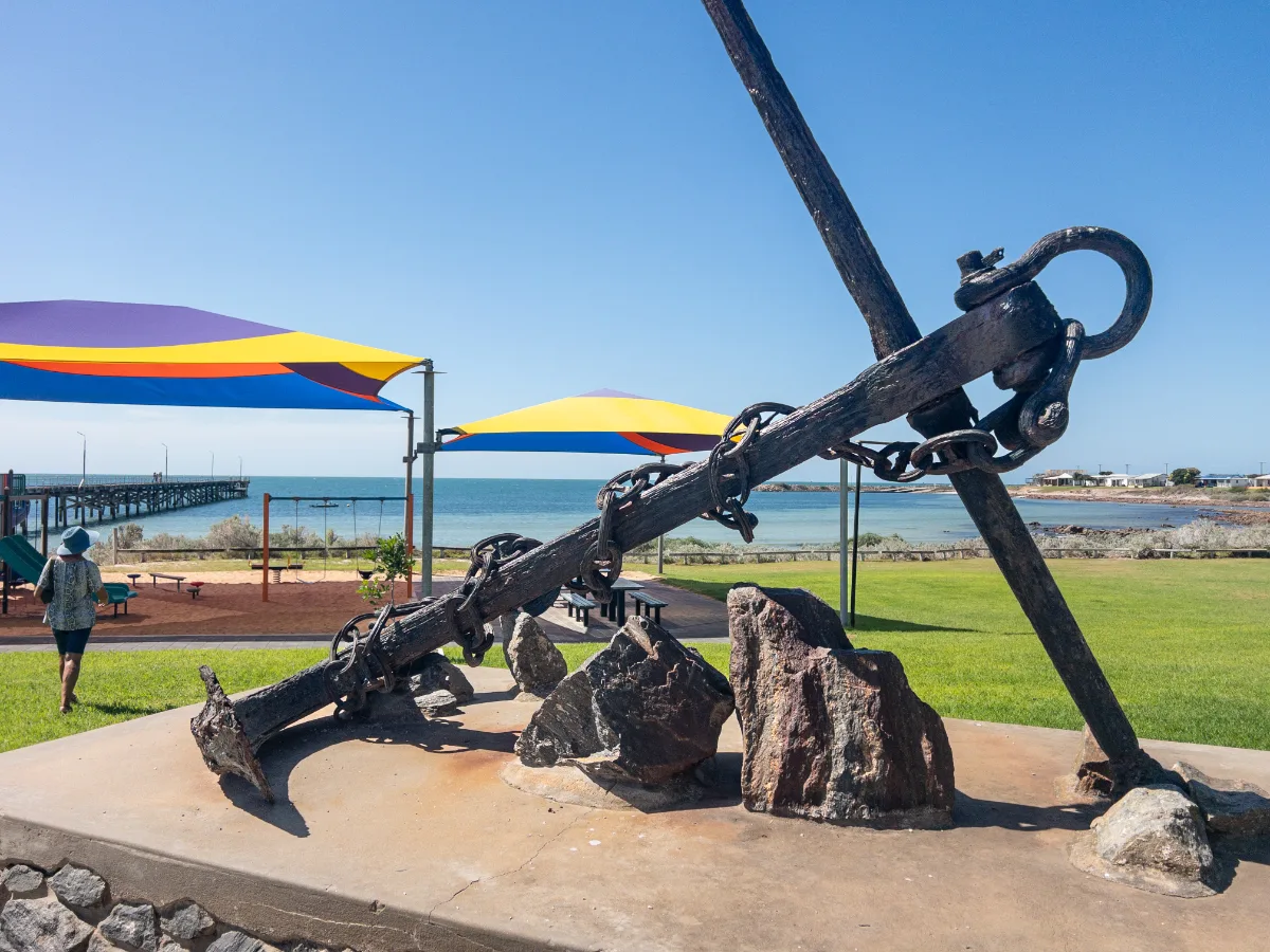 A hefty anchor monument stands proudly in Port Neill, a testament to the town's connection to the sea.