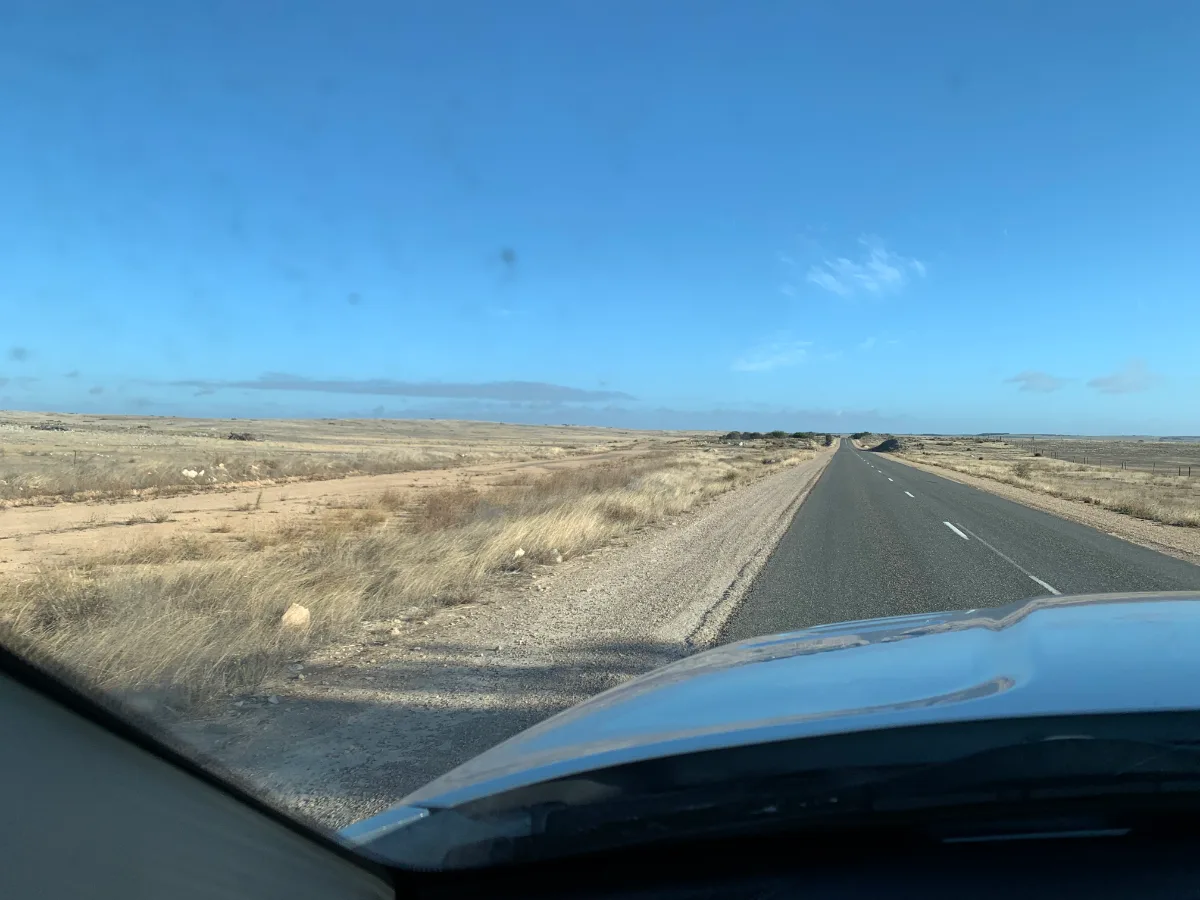 The Eyre Highway cuts across the expansive landscape approaching Elliston, promising adventure beyond the horizon.