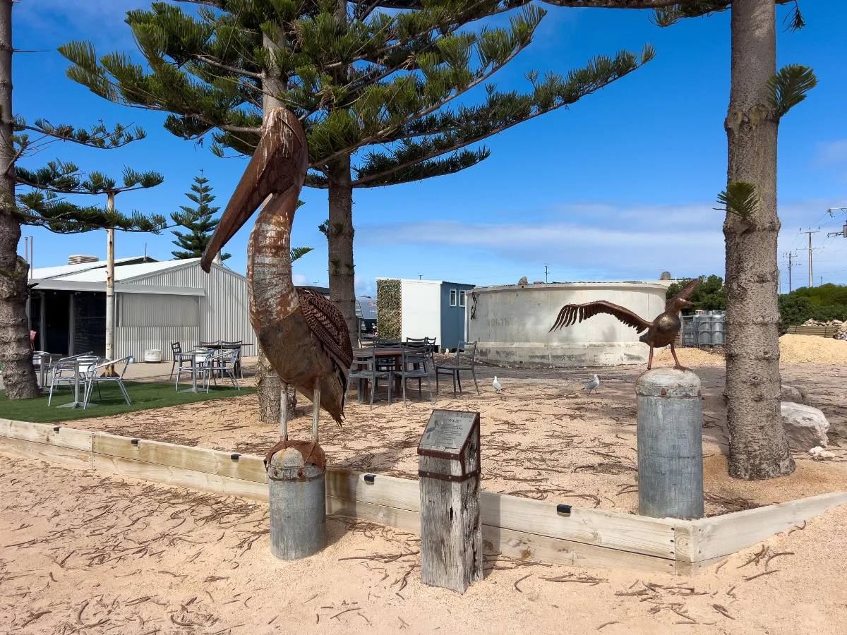 Metal sculptures of local birds, a distinctive feature in Venus Bay.