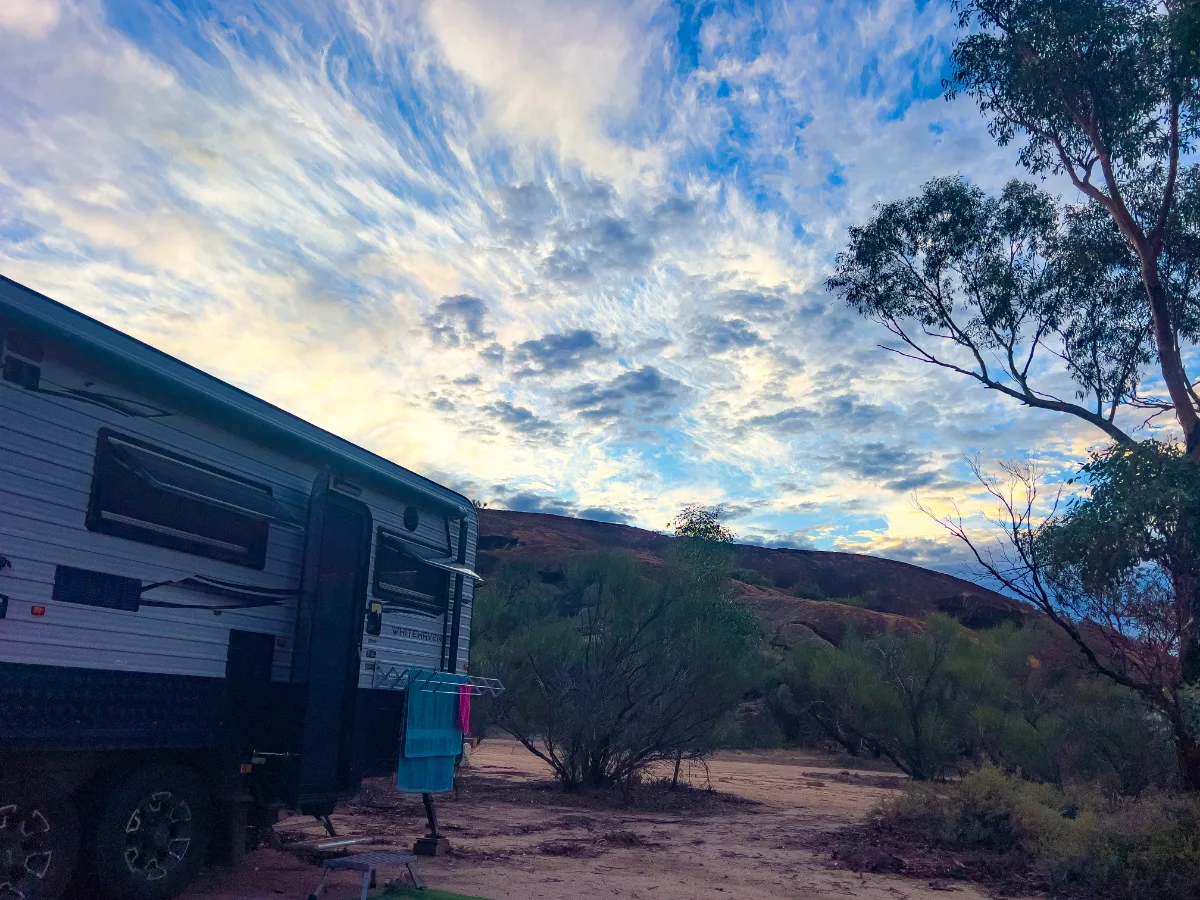 Our campsite nestled at the base of Baladjie Rock, ready for another night under the stars.