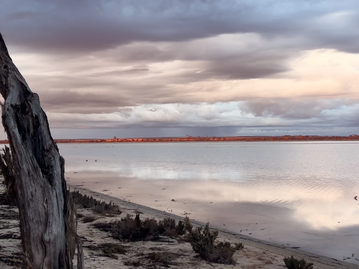 Calm reflections on a salt lake near Nungarin under a moody sky.