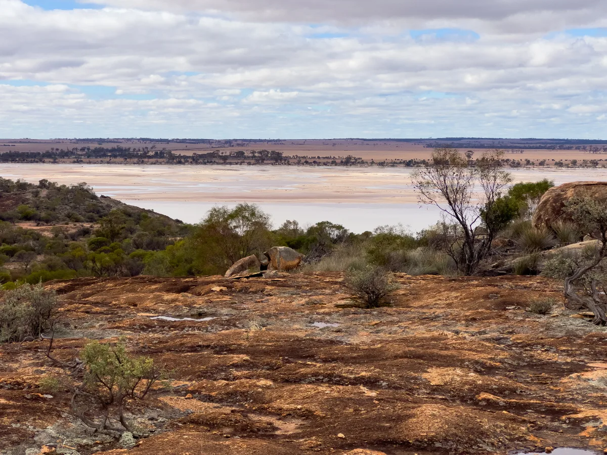 Looking out over the salt lake, the vastness of the Western Australian landscape is on full display.
