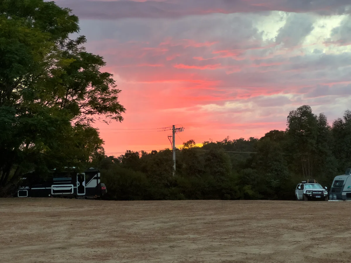 The sky ablaze over our Jarrahdale campsite, a reminder of Western Australia's beauty.