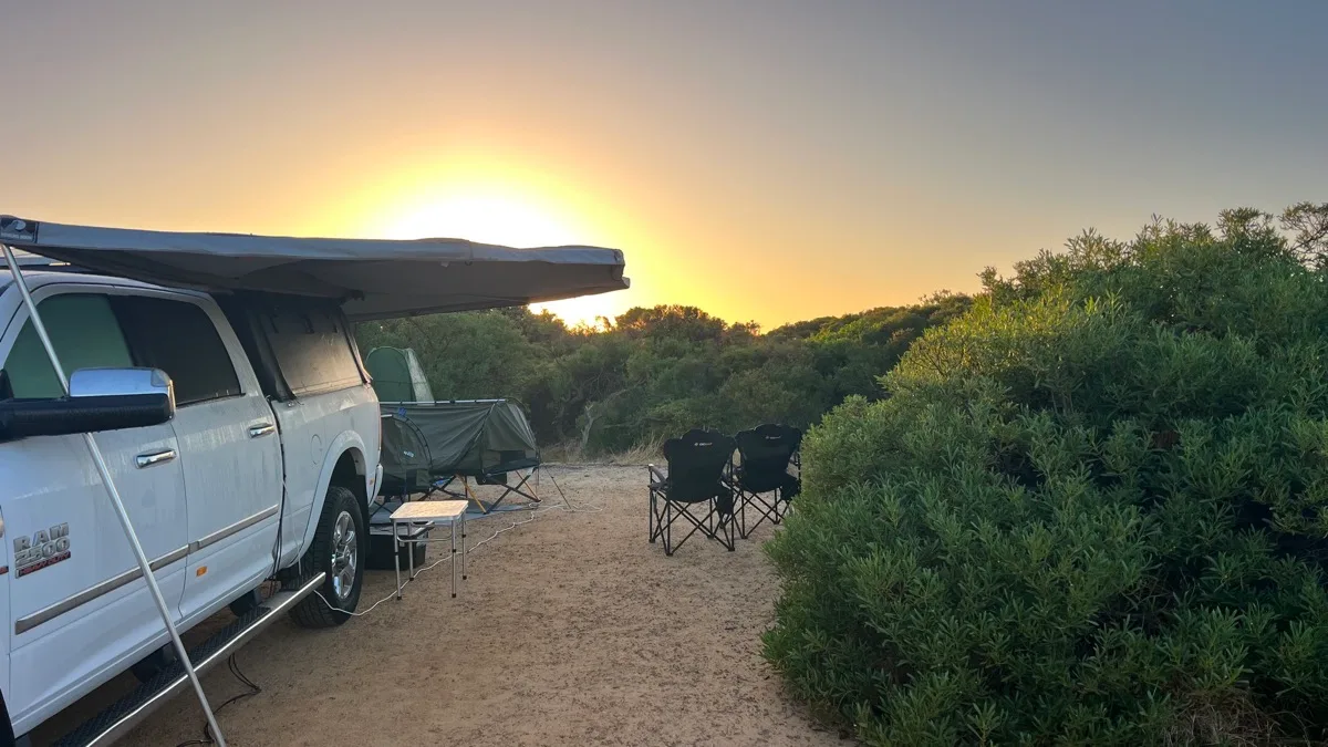 Our comfortable caravan setup ready for sunset at Jurien Bay