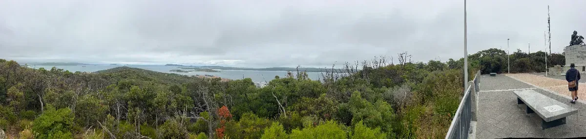 A panoramic vista from the memorial site, showcasing Albany and the surrounding coastline.